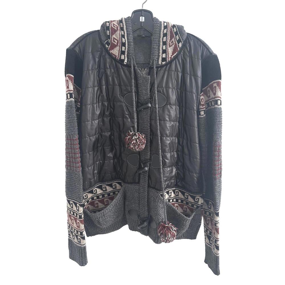 Tricotto Gray Black Red Fair Isle Knit Details Quilted Toggle Zip Jacket - XL